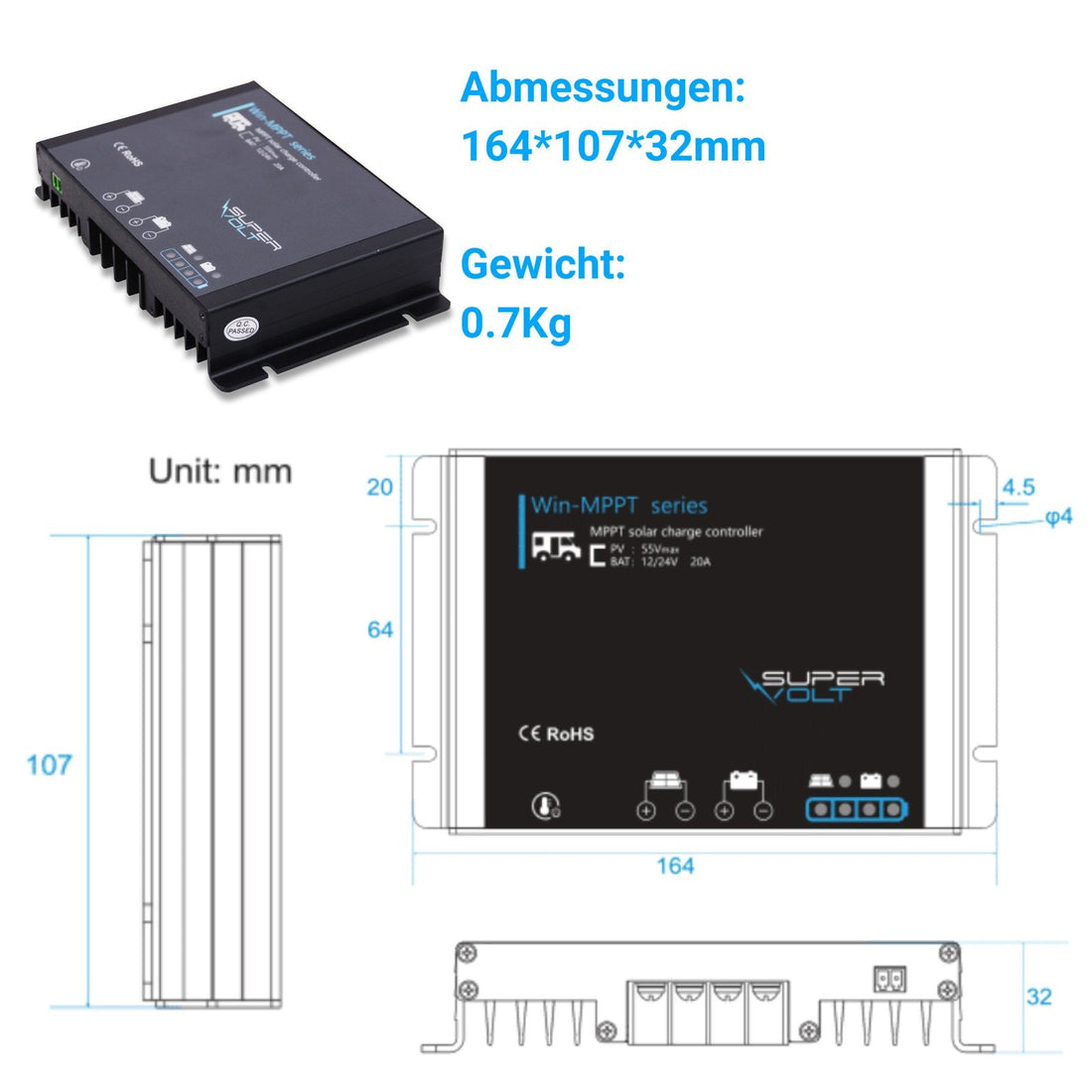 MPPT-Solarladeregler für das Bordnetz mit 12 oder 24 Volt